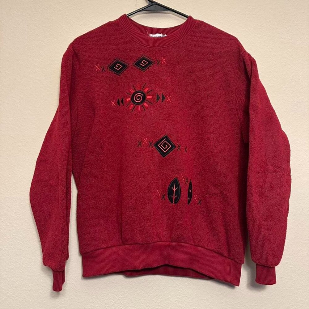 Vintage Bon Worth Aztec Pattern Embroidered Red Sweater